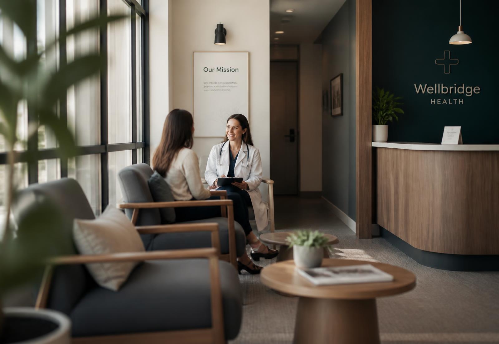 A clinician talking with a patient in a bright, calm clinic waiting area